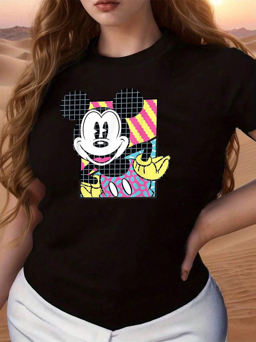 Colorful Graphic With An Iconic Smiling Figure That Conveys Joy And Youthful Energy, Perfect For Expressing A Fun And Optimistic Attitude. Comfortable And Soft Women's T-Shirt, Ideal For Everyday Wear And Casual Combinations. - 黑色 - 查看 1