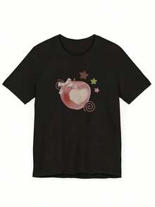 tops de mujer, camisetas gráficas, camiseta de manga corta con estampado de manzana pequeña, manga corta casual - Tejido de poliéster de punto, elección perfecta para el verano, moda femenina cómoda - Suave y transpirable, adecuada para uso diario casual, tops para mujer, conjuntos de vacaciones para mujer, tops de verano de algodón, playeras de mujer algodón - Negro - Ver 1