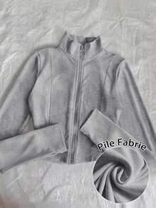 Chaqueta ligera con estampado floral de forro polar para mujer, estilo casual de calle con cremallera, ajuste delgado de manga larga, otoño - Gris Claro - Ver 8
