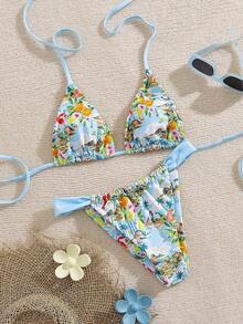 Swim Mod Conjunto de bikini de dos piezas con estampado de frutas y verduras en todo el diseño, con escote halter y lazos, para vacaciones de verano - Multicolor 2 - Ver 6