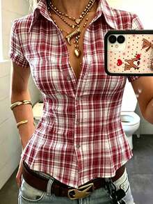 Camisa ajustada de mujer con cuello polo y manga corta - Burdeos - Ver 1