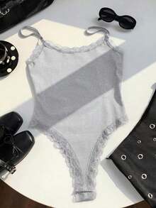 Body Con Tirantes Finos Y Ribete De Encaje Para Mujer - Gris Claro - Ver 3