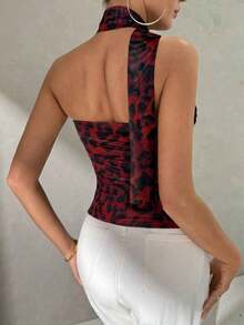 Top corto bandeaux con cuello de lazo y plisado con estampado de leopardo elegante de verano para mujer, para uso casual y festivales de música - Burdeos - Ver 2