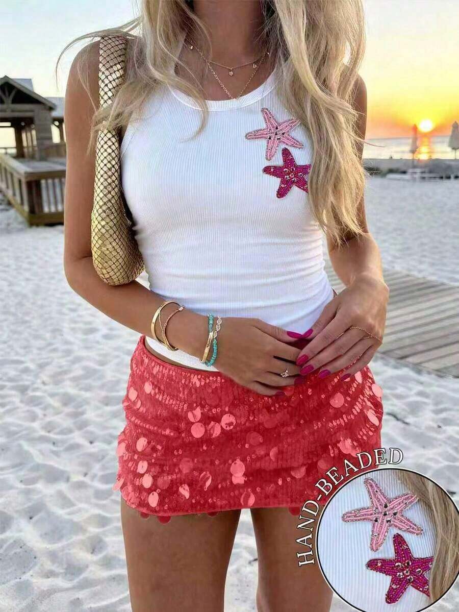 Top de camisola casual de vacaciones para mujer decorado con cuentas y estrellas de mar - Blanco 6 - Ver 1