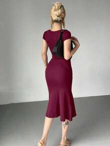 Vestido midi de cóctel de cuello cuadrado envolvente de unicolor con cola de pez para mujer - Burdeos - Ver 2