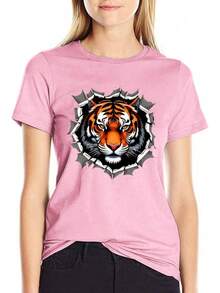 Women's Cotton Graphic T-Shirt, Casual T-Shirt With Ripped Tiger Face - 粉紅色系 - 查看 1