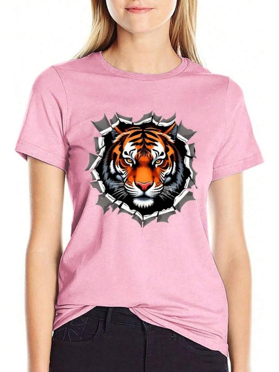 Women's Cotton Graphic T-Shirt, Casual T-Shirt With Ripped Tiger Face - 粉紅色系 - 查看 1