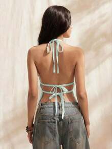 Blusa sin mangas para mujer con cuello halter plisado, ajustada a la cintura con lazo en la espalda y con la espalda descubierta - verde menta - Ver 2