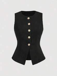 Top de mezclilla sin mangas para mujer, vaquero casual elástico y ajustado, de verano - Negro - Ver 1