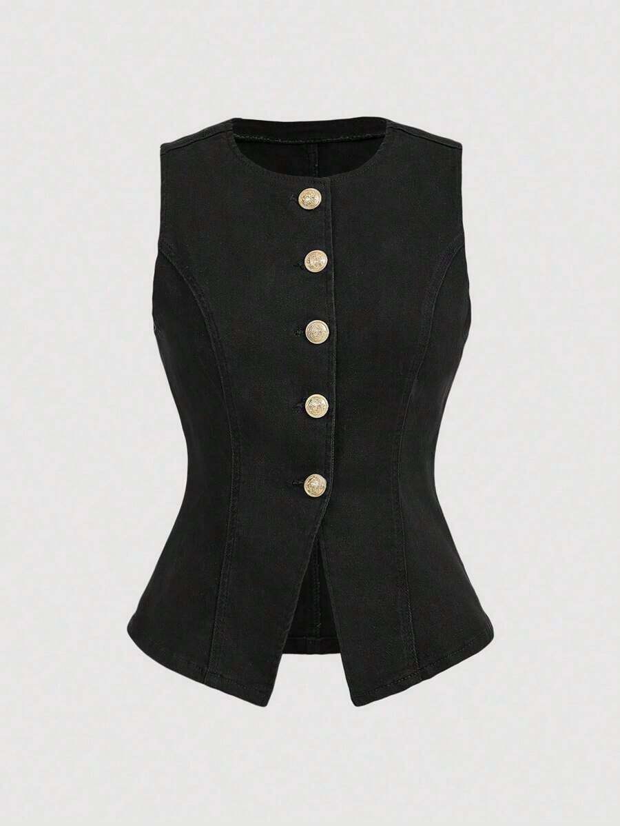 Top de mezclilla sin mangas para mujer, vaquero casual elástico y ajustado, de verano - Negro - Ver 1