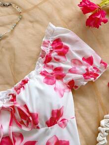 Body con estampado floral de hombros descubiertos ribete fruncido con nudo delantero pecho con fruncido - Multicolor 5 - Ver 3