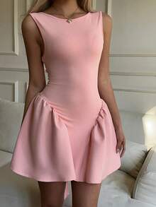 Vestido Mini Slip para Mujer JJS, Color Sólido, Espalda Descubierta, Estilo Simple, Casual para Uso Diario, Vestidos Pastel para Mujer - Rosa vieja - Ver 3
