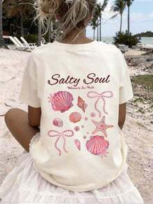 Spring/Summer 2026, New Women's Summer T-Shirt With Round Neck, Shell, Star And Letter Print, Short Sleeve, Casual Style For Beach Vacation, Comfortable Pink Cotton T-Shirt With Double-Sided Print. - 杏色 - 查看 3