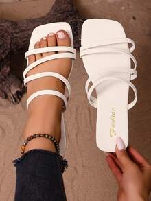 Elegant Women's Sandals, Criss-Cross Straps Open Toe Flat Slip-On Casual Slouchy Shoes, Summer Beach Slippers For Outdoor, Vacation - White - View 1