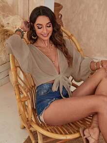 Swim Vcay Kimono corto de manga larga de unicolor y uso diario minimalista para mujer - Caqui - Ver 3