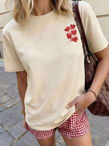 Under The Radar - Women's Casual Knit Crew Neck Short Sleeve T-Shirt With Unique Heart Print, Drop Shoulder, Regular Length, Vintage Urban Style, Unisex, Loose Fit, Cotton, Short Sleeve, Crew Neck - 杏色 - 查看 3