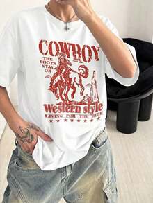 Women's Casual Short-Sleeved Knit T-Shirt With Round Neck And Dropped Shoulders, Western Cowboy Graphic Design For An Urban Look, Medium Stretch Fabric, Regular Length, . - 白色 - 查看 3