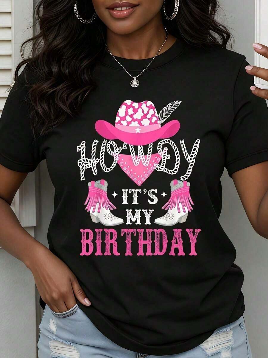 1 Piece Women's T-Shirt With 'It's My Birthday' Print, Cowgirl Style, Pink Hat, Bandana, Boots And Heels, Casual, Fun, For Party, Celebration, Gift, 180g, 100% Cotton - 黑色 - 查看 1