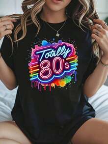 1 Piece 80s Style Rainbow Neon T-Shirt, Retro Party Clothes For Women, 1980s Theme Costume, Festival Outfit, Fun Vintage Style Top, 180g, 100% Cotton. - 黑色 - 查看 1