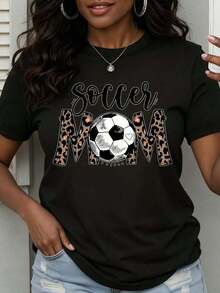 1 Piece Women's Round Neck T-Shirt With Leopard Print And Football Graphic, Soft, Comfortable And Breathable Fabric, Versatile Design For All Seasons, Practical And Elegant Women's Clothing, Smooth Texture, Suitable For Casual Sportswear, Essential Garment For Holidays, 180g 100% Cotton. - 黑色 - 查看 6