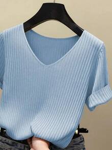 AOSSVIAO 2026 Suéter Básico de Verano para Mujer, Cuello en V, Sólido, Fino, Tejido Acanalado, Manga Corta, Ajustado - Negro - Ver 2