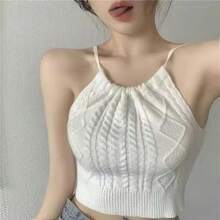 Top corto Sexy con cuello Halter para mujer, camisetas sin mangas de punto, camiseta sin hombros, ropa Vintage Y2k, novedad de moda - BLANCO - Ver 5
