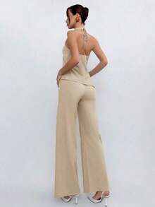 Conjunto de 2 piezas de top de cuello halter y pantalones en color café para mujer, estilo de uso diario - Albaricoque - Ver 2
