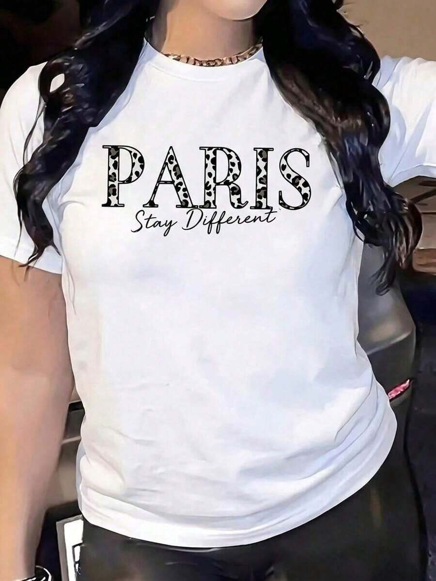 CasualPlayera Negra con PARIS y Estampado de Leopardo, Camiseta Estilo de Moda y Estilo Francés, Blusa de Textura Animal Print "Mantente Diferente", Tops Oversize Chic Parisino RegaloMust-have - Blanco - Ver 1