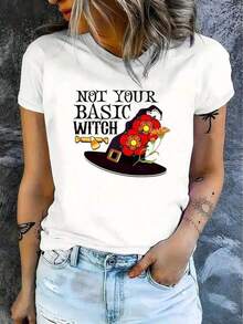 Women's Halloween T-Shirt, Comfortable, Round Neck, Casual Cotton Blend, Short Sleeves, Soft And Breathable Top, Women's Clothing, Summer And Spring T-Shirt, Streetwear Fabric, Loose And Comfortable - 白色的 - 查看 6
