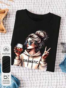 Plus Size Women's Casual Summer T-Shirt With A Print Of A Woman Holding Drinks, Featuring A Round Neck And Short Sleeves, A Sweet And Fresh Style, Versatile And Fashionable, In Black. - 黑色 - 查看 5