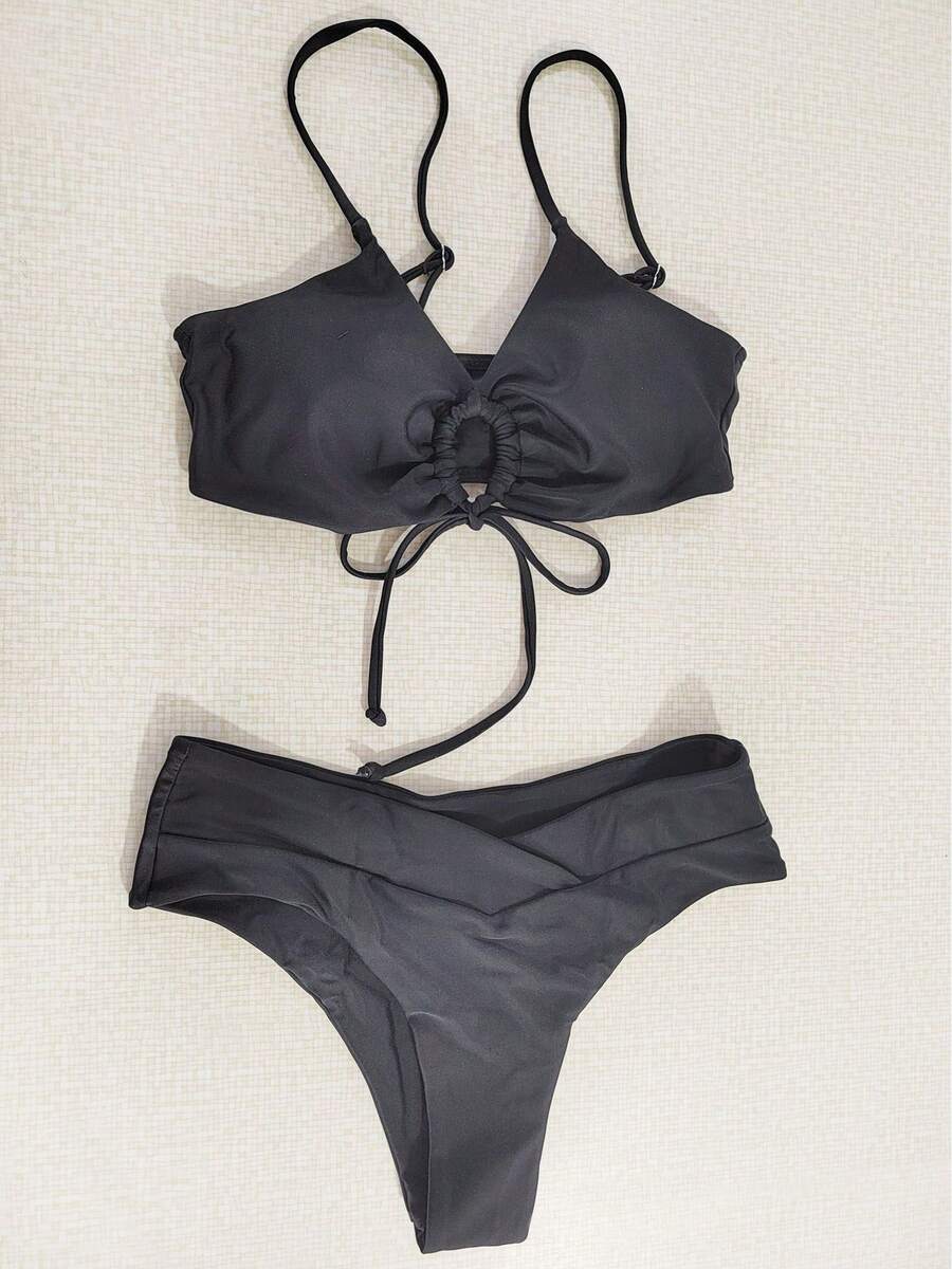 Traje de baño de dos piezas con lazo en el cuello y diseño de color sólido multicolor, bikini femenino. - Negro - Ver 1