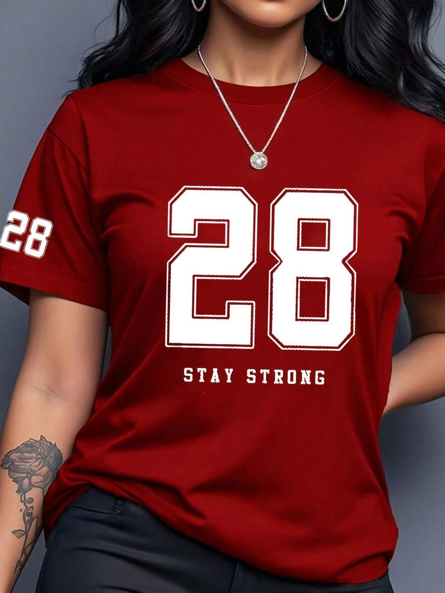 Women's Summer Short-Sleeved T-Shirt With Round Neck, European And American Casual Sporty Style, With Number 28 Printed, Casual Sportswear For Women. - 紅色 - 查看 1