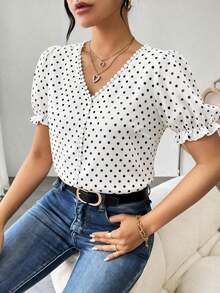 Blusa de gasa con estampado de lunares francés de moda para mujer, diseño elegante y elegante de manga corta con volantes para el verano - Blanco 3 - Ver 6