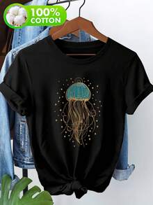 Camiseta 100% con temática outdoor, camiseta de manga corta para mujer hecha de pura poliéster, camiseta de manga corta con estampado de medusa estrellada en poliéster puro - Negro - Ver 1