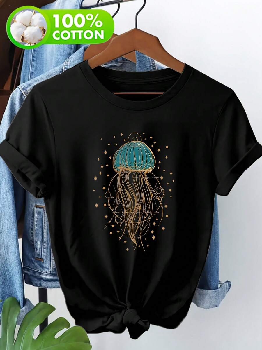Camiseta 100% con temática outdoor, camiseta de manga corta para mujer hecha de pura poliéster, camiseta de manga corta con estampado de medusa estrellada en poliéster puro - Negro - Ver 1