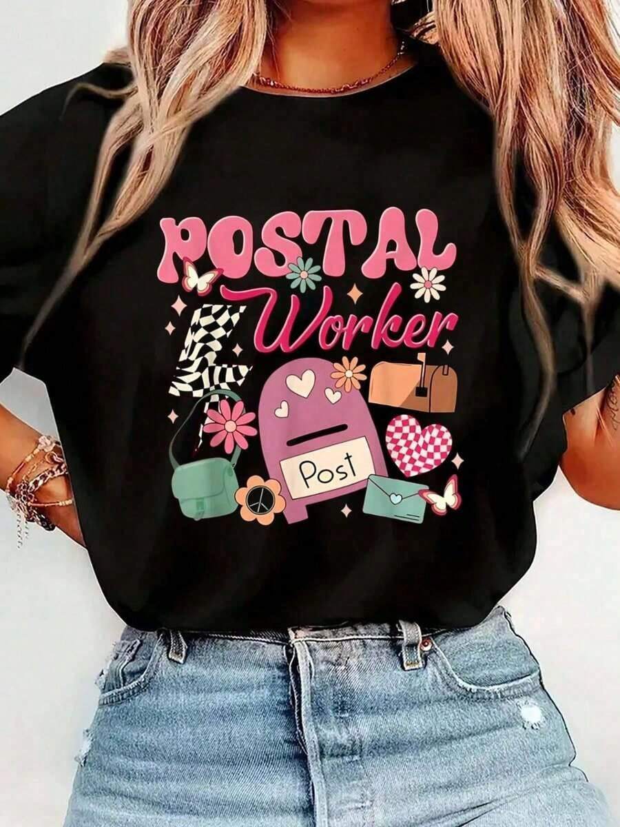 100% Cotton Funny Retro Postman T-Shirt, Small Size, Black With Print, Casual Round Neck Short Sleeve T-Shirt, Comfortable For Spring And Summer, Women's Clothing - 黑色 - 查看 1