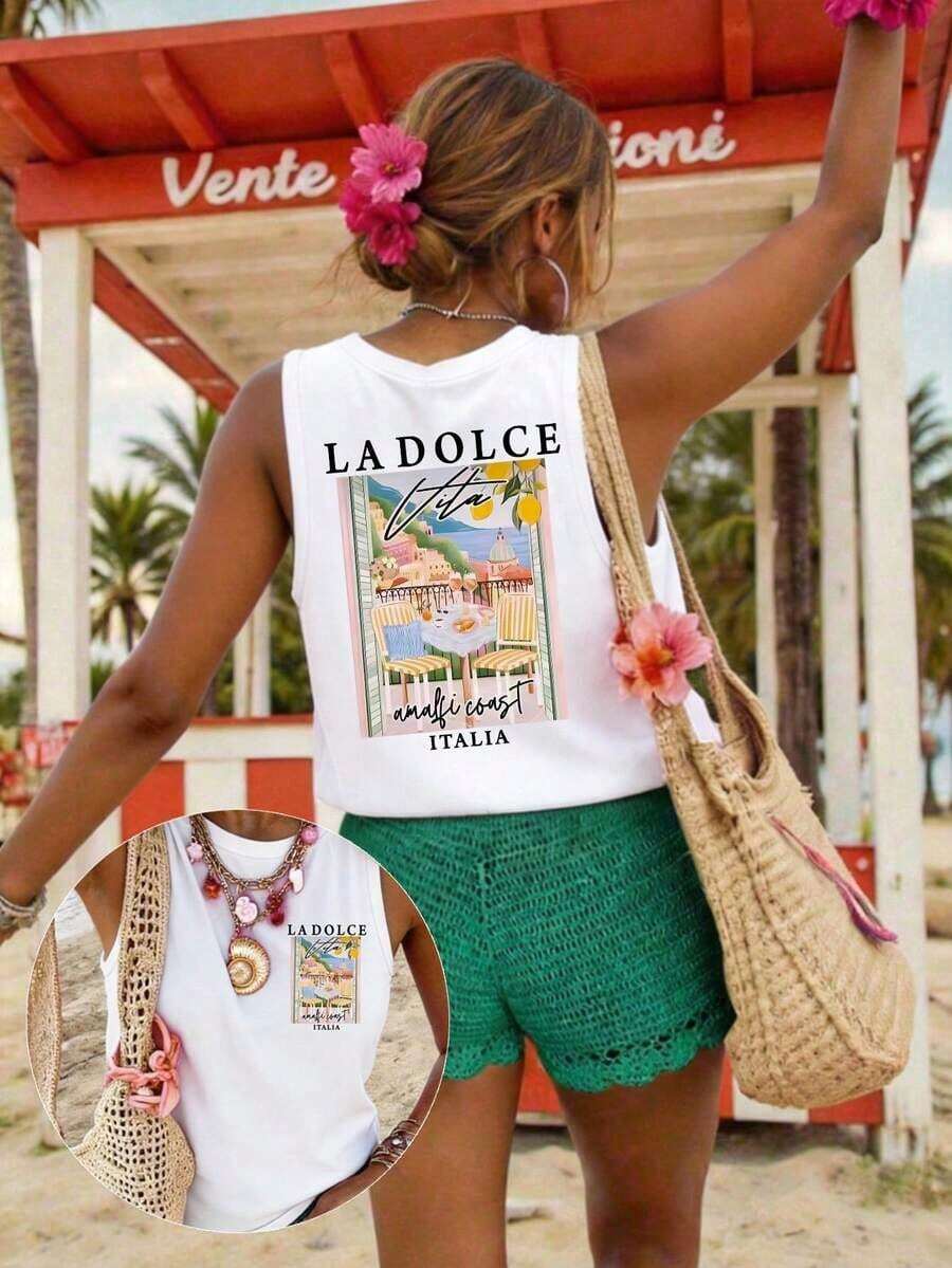 Blusa de ajuste regular casual con estampado, sin mangas para mujer - Blanco - Ver 1