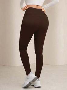 Leggings de cintura alta de unicolor cómodos y casuales para mujer - Café integral - Ver 2
