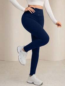 Leggings de cintura alta de unicolor cómodos y casuales para mujer - Azul marino - Ver 3