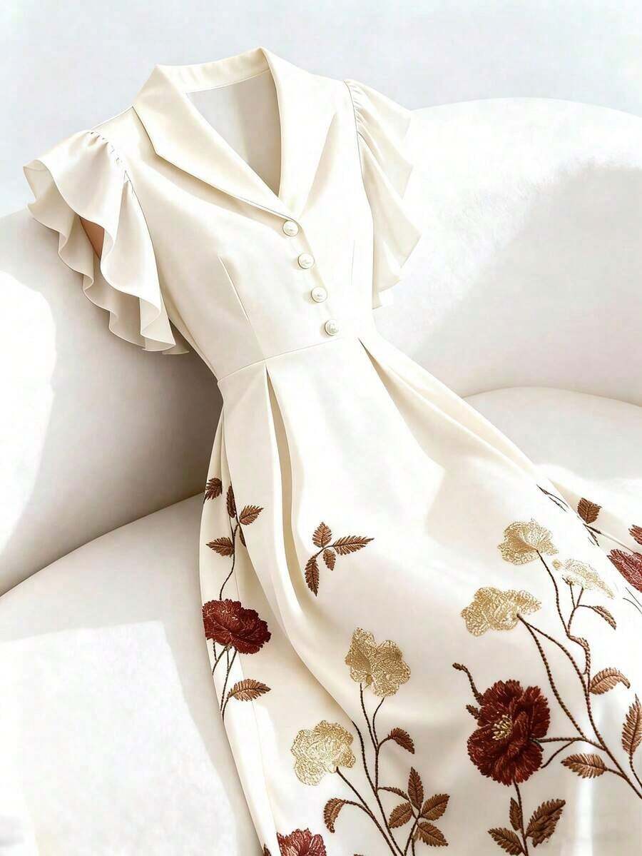 Vestido de manga acampanada de longitud media, de color albaricoque, con estampado floral, cuello de solapa, botones de perlas en la cintura, diseño de manga acampanada, encantador, elegante, dulce, para uso diario, vacaciones, viajes, citas, esti - Multicolor 2 - Ver 1