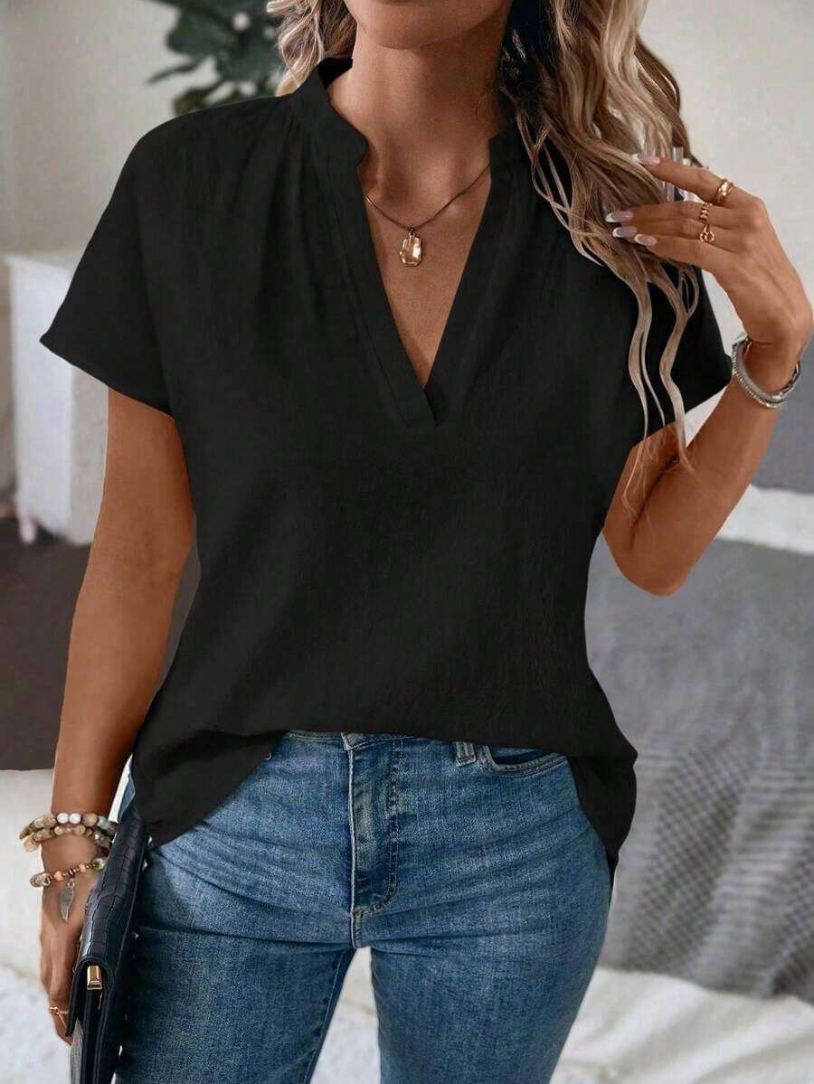 Blusa de mujer de unicolor con textura y cuello en V de manga corta versátil - Negro - Ver 1