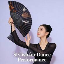 1件復古風摺扇，黑色底色配鶴與桂花圖案，流蘇吊飾增添古風魅力，輕巧耐用竹製扇骨，適合漢服愛好者、舞者、戶外活動、攝影、舞台表演，無需電池，沉浸式古風配件！ - 雲中仙鶴圖 - 查看 4