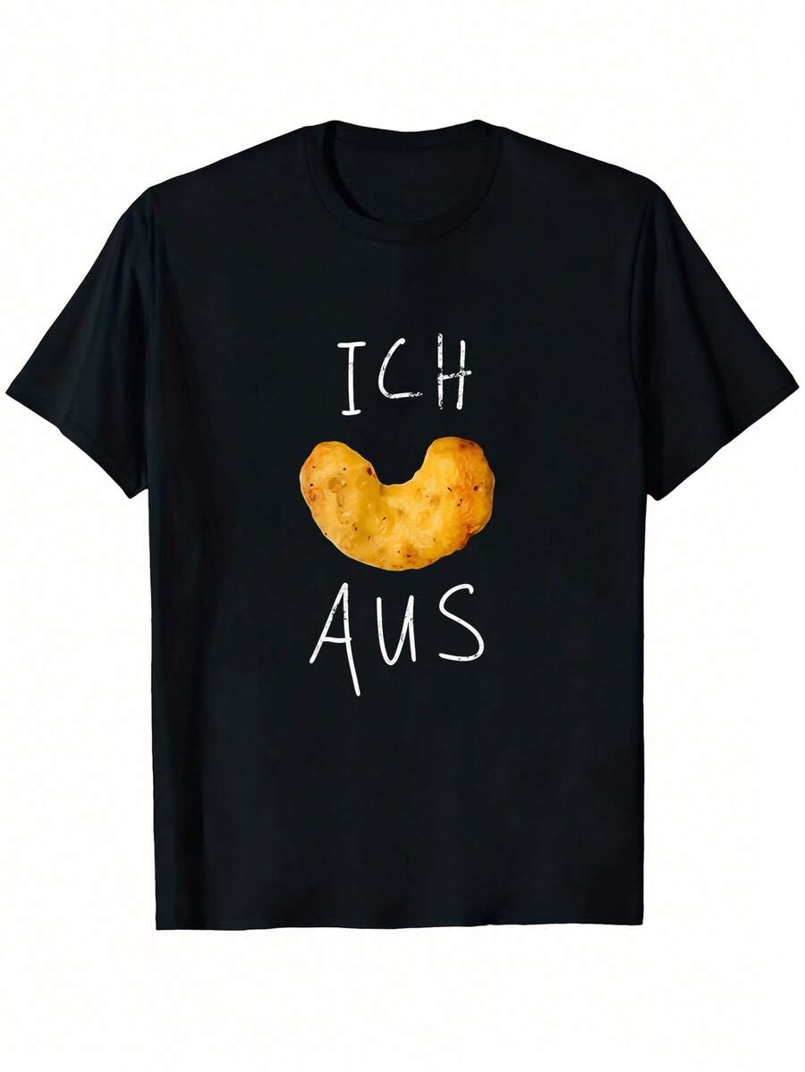 Camiseta negra casual con diseño de patatas fritas y texto 'Ich Aus', con cuello redondo, mangas cortas y tela de elasticidad media, adecuada para todas las estaciones. - Negro - Ver 1
