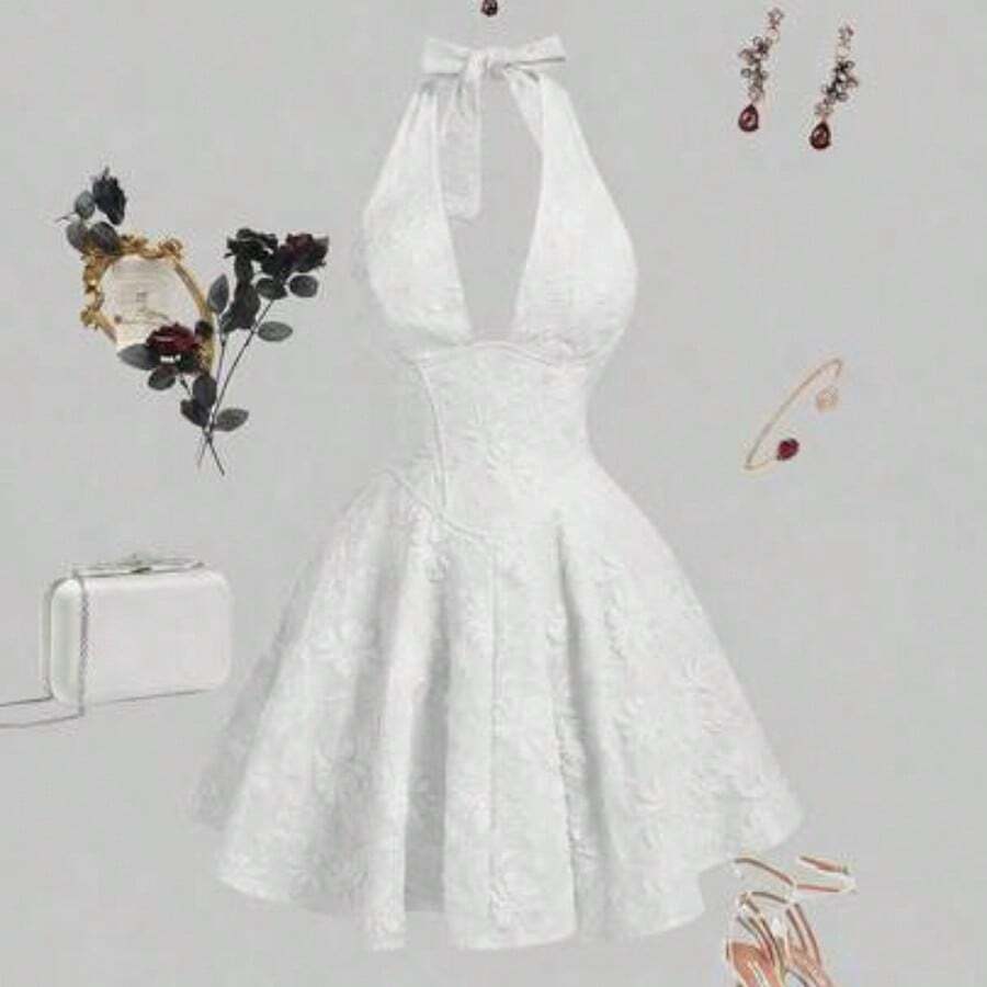 MOD Women's Apricot Mini Dress With Bowknot Design,Ivory White Halter Mini Dress Wedding Guest Party, Jacquard Lace Fabric, Old Money Style, Sleeveless Fit And Flare Dress, Elegant Bridal Shower Dress For Cocktail Party, Engagement, Reception, Holiday Gathering, Formal Summer Event - Blanco - Ver 1