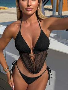 2026 Nuevo y Sexy Traje de Baño de Dos Piezas de Malla Brillante para Mujer - 9406 Negro - Ver 9