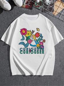 Flores coloridas rodeando a una chica curiosa que explora un mundo mágico lleno de fantasía y maravillas transmitiendo energía positiva y espíritu aventurero camiseta de mujer  cómoda y suave para uso diario - Blanco - Ver 3