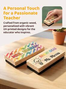 1pc Customized Teacher Whiteboard Eraser, Personalized Name Wooden Blackboard Cleaner, Custom Text Classroom Dry Erase Board, 2 Styles Rainbow Stripes With Heart/Creative Light Bulb Design, Natural Wooden Material, Soft Felt Surface, Lightweight And Durable, Easy To Grip - Model 3 - View 5