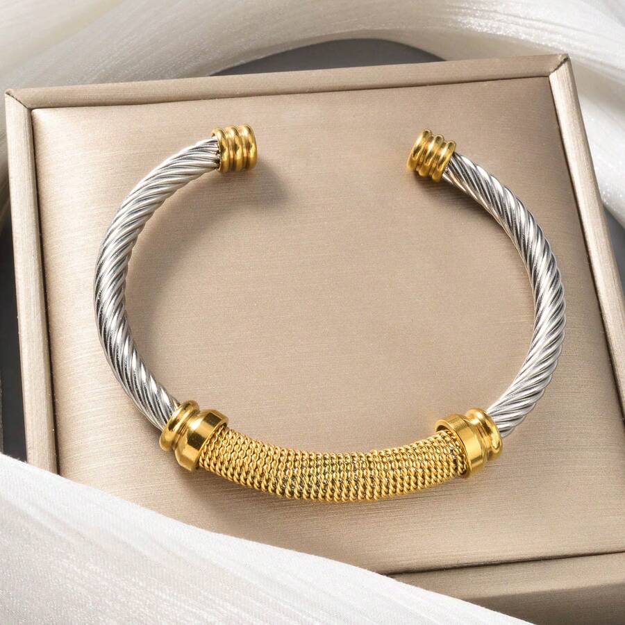 Thick Two-Tone Twisted Rope Braided 18K Gold Plated Stainless Steel Bracelet, Unisex, Suitable For Daily Wear, Party, Hip-Hop Street Style - Multicolor - View 1