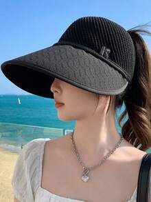 1pc Women's Solid Color Knitted Wide Brim Sun Hat, Breathable Mesh Top For Ventilation, Suitable For Outdoor Activities, Spring/Summer - A - View 8