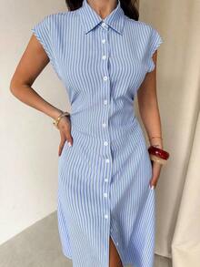 MEXFirerie Vestido midi de línea A con mangas abullonadas a rayas azules y blancas, vestido camisa con cintura anudada, vestido casual con cuello, falda midi a rayas con cintura ceñida, adecuado para primavera, verano, otoño, elegante, commuter, cita, trabajo, vuelta al colegio, día del maestro, ocasiones formales, vestido commuter de negocios, vestido minimalistaMEX ETDZ - Azul y blanco - Ver 8